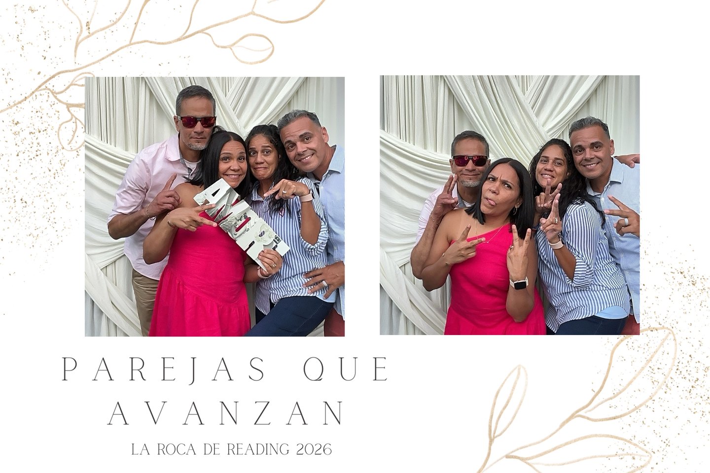 A custom photo layout: two photos side by side with a gold botanical border and a title block