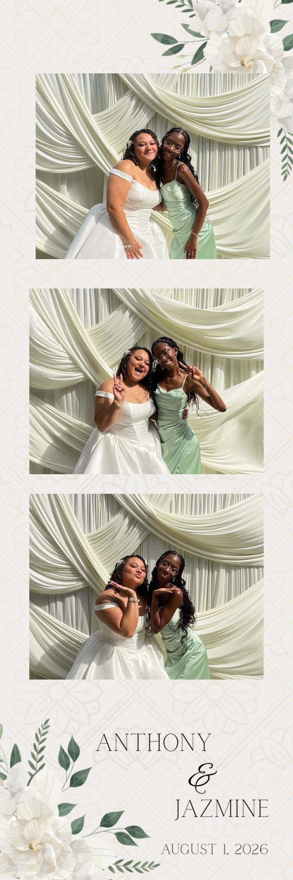 A finished photo strip: three frames of two women posing in front of ivory draping, with the couple’s names printed below